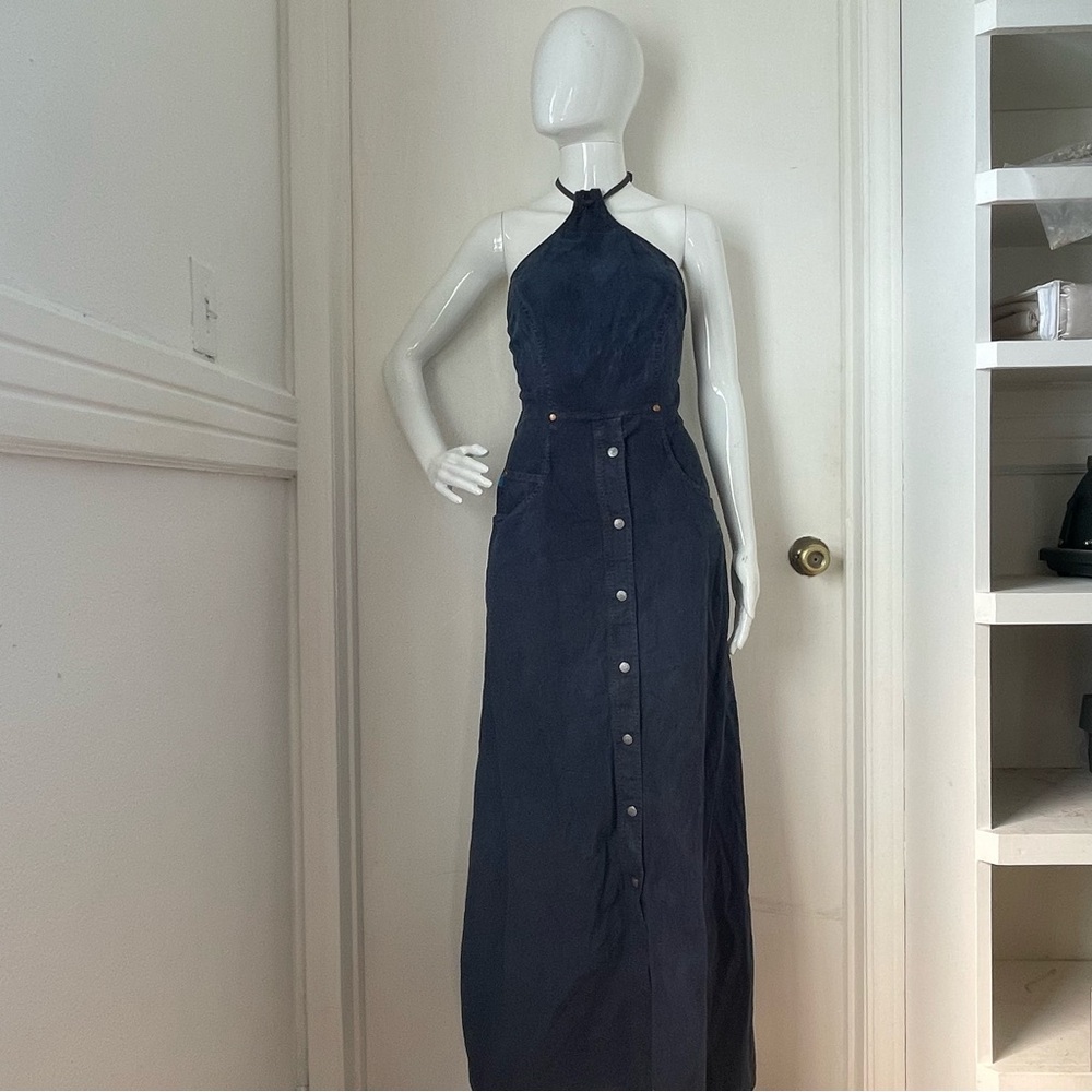Vintage Christian Lacroix Denim Maxi Halter Dress snap button up Italy